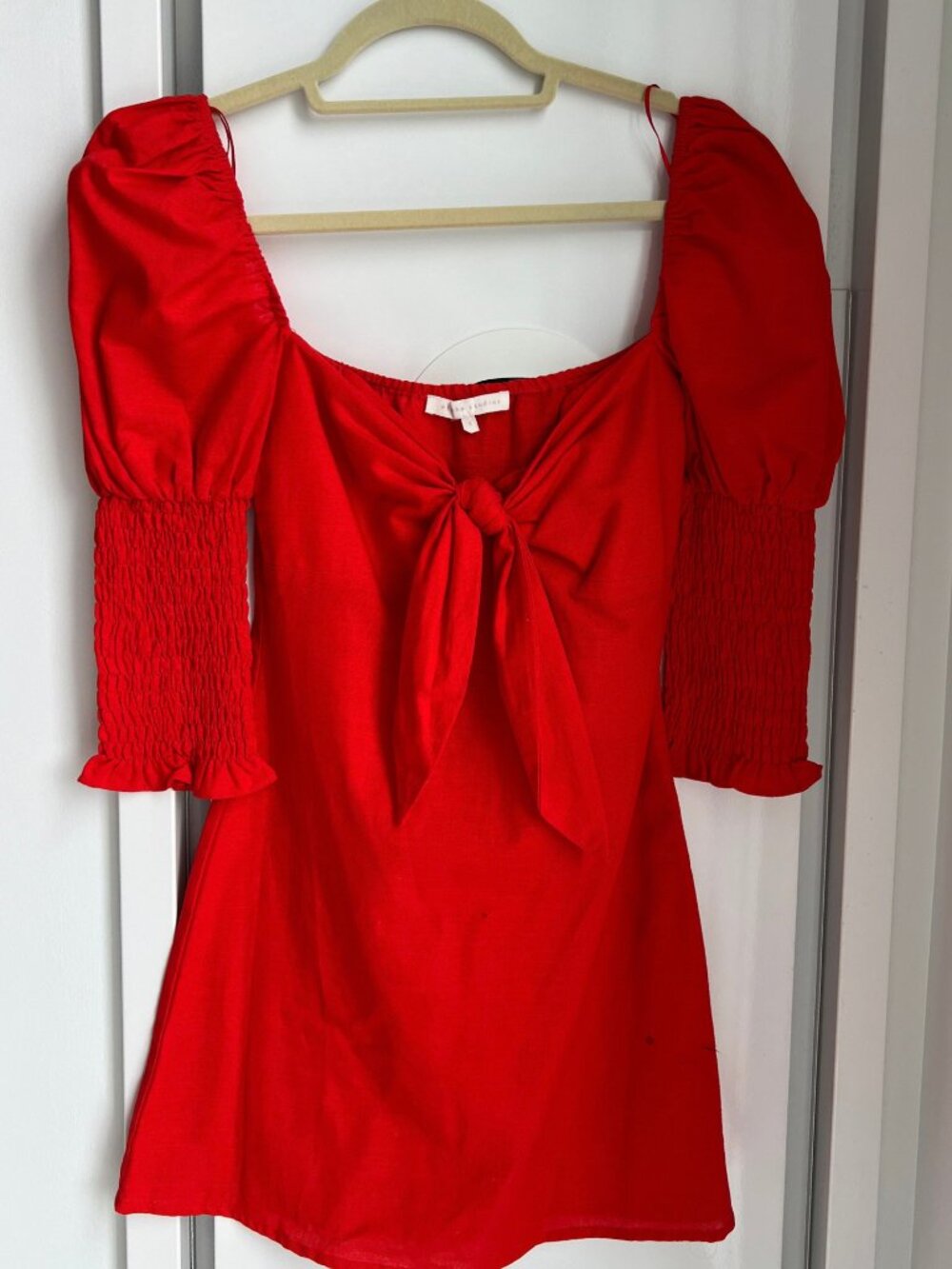 Red Puff Sleeve Tie Front Mini Dress Smocked Romantic Boutique